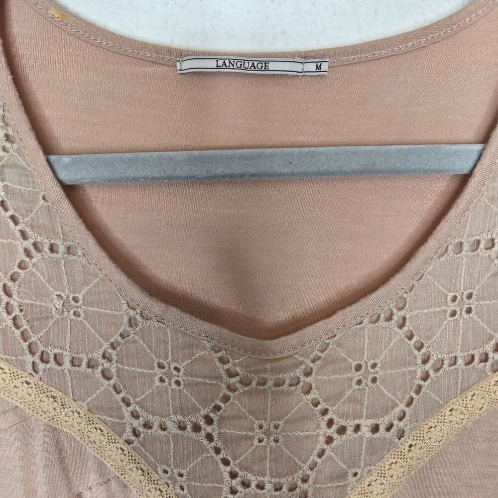Language Womens Top‎ Medium Light Pink Asymmetric Pintuck Lace Eyelet Boho Flowy - Picture 5 of 11